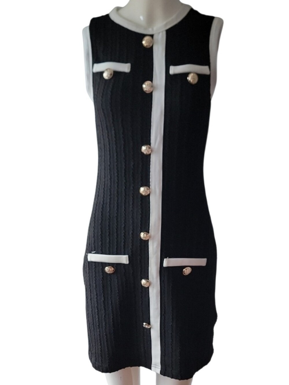 SHEIN Black White Sleeveless Gold-Button Shift Dress